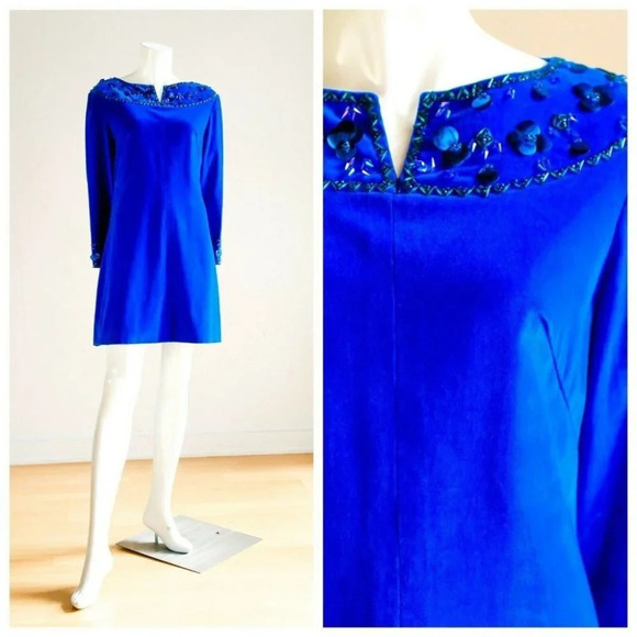Cobalt Blue Velvet Embroidered Beaded 60s Dress - Picture 1 of 10
